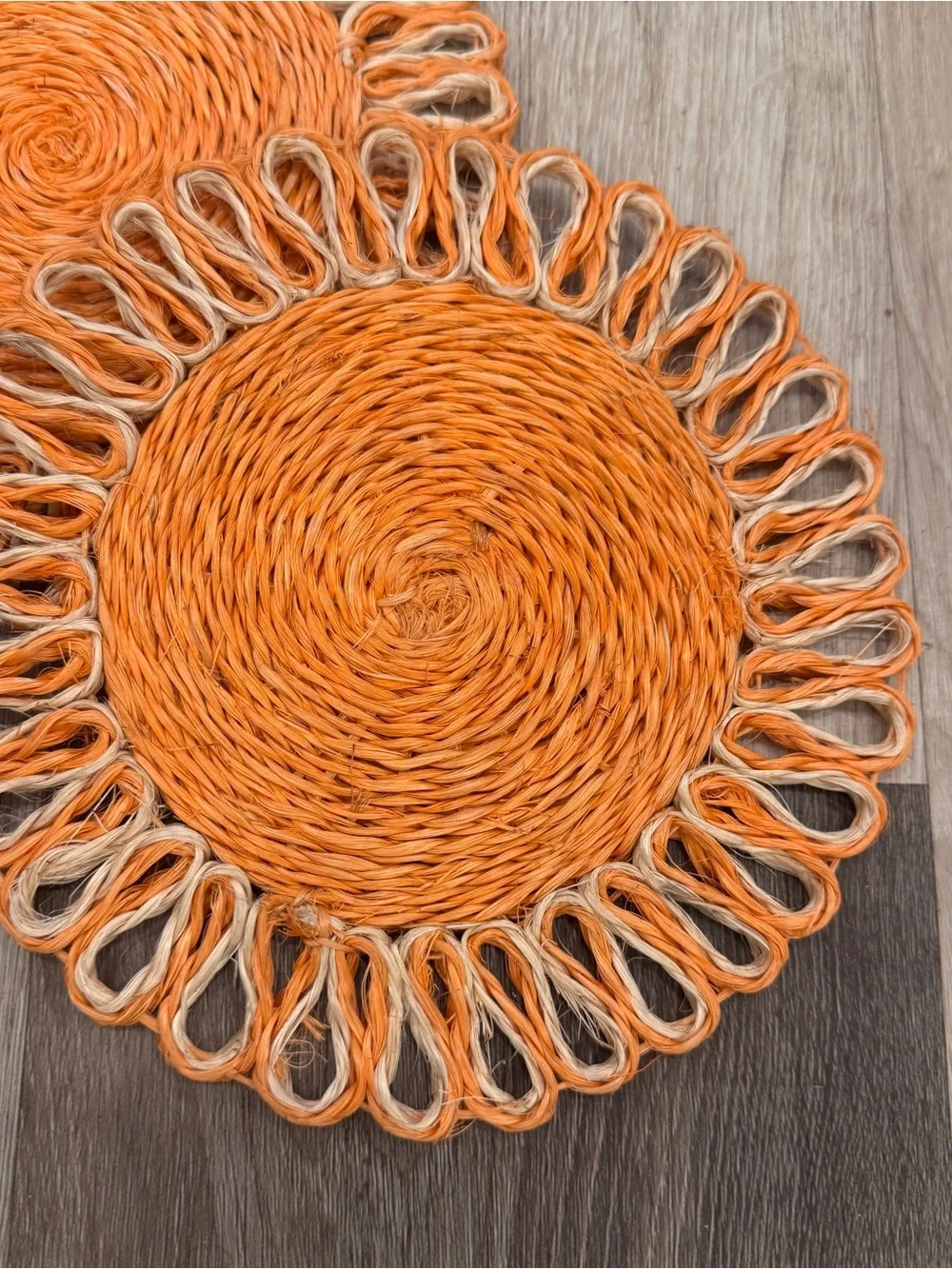 Vintage Woven Trivets Raffia Orange Set of 2 8” Bohemian 70s Retro Kitchen